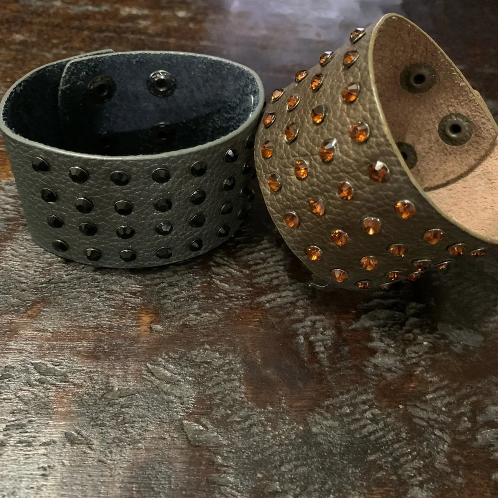 Brown leather cuff bracelet with brown rhinestones